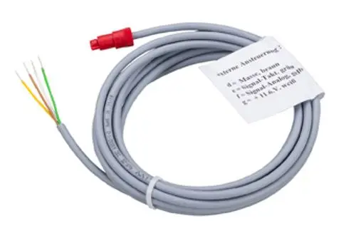 Graues Kabel mit mehreren Adern in unterschiedlichen Farben. Ein Stecker an einem Ende. Produkt von Grünbeck zur externen Ansteuerung.